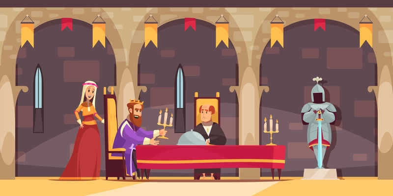 Medieval castle royal dining hall area interior flat cartoon composition with king being served meal vector illustration