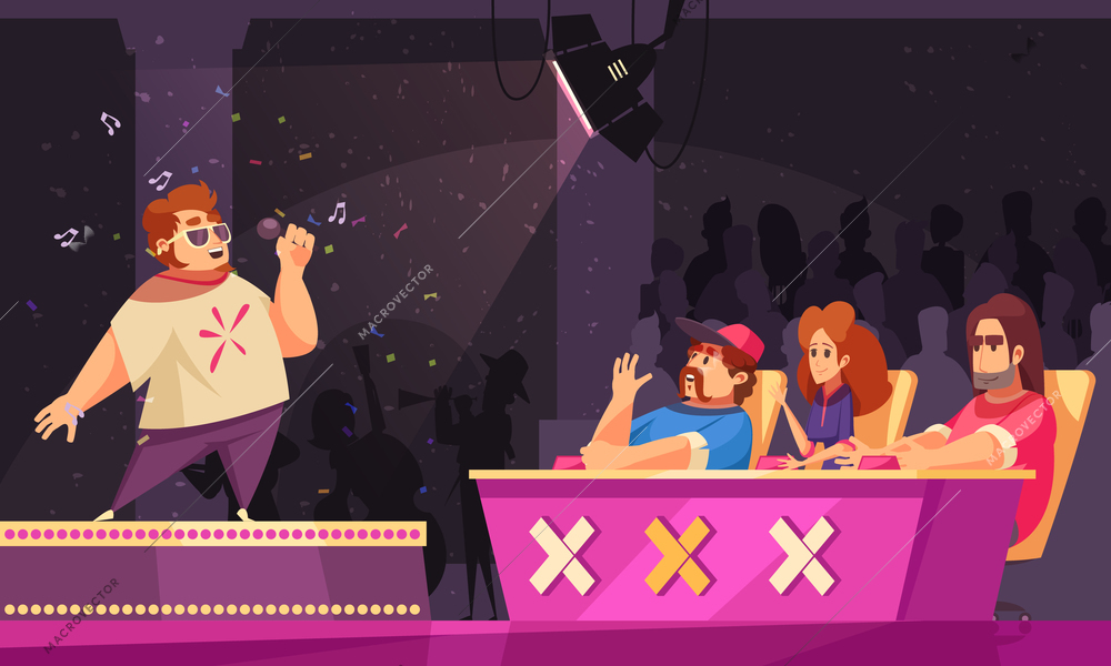 Tv singing talent show flat cartoon composition with contestant performing on podium spotlight jury onstage vector illustration