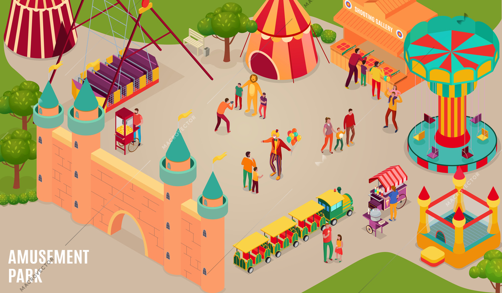 Amusement park with circus artists and visitors carousel bouncy castle and shooting gallery isometric horizontal vector illustration