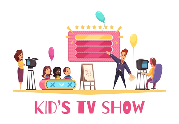 Television games competitions show for children cartoon composition with kids presentator operator in tv studio vector illustration