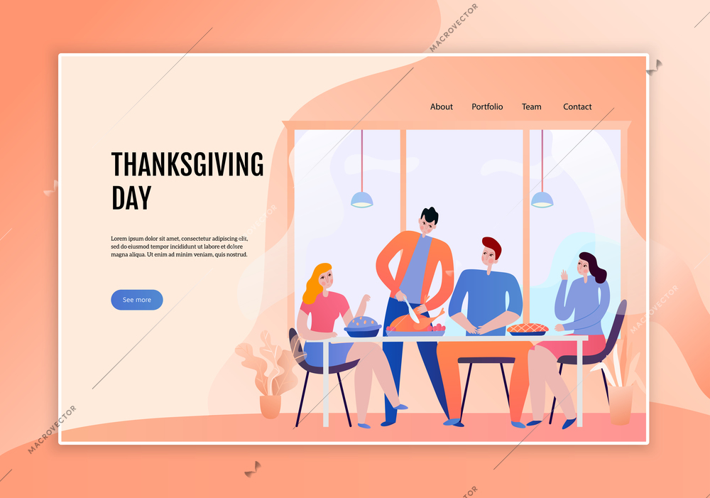 Young persons at festive table in thanksgiving day concept of web banner flat vector illustration