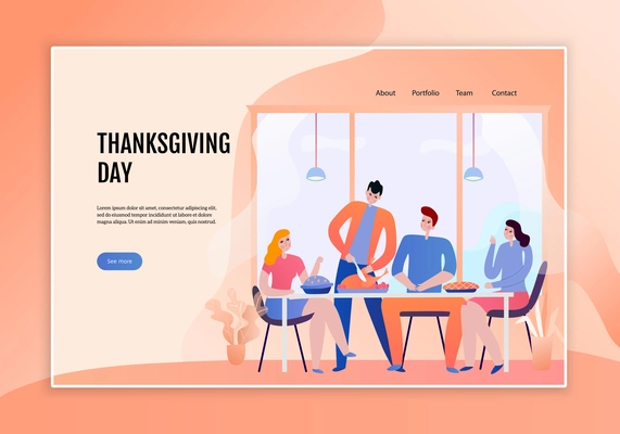 Young persons at festive table in thanksgiving day concept of web banner flat vector illustration