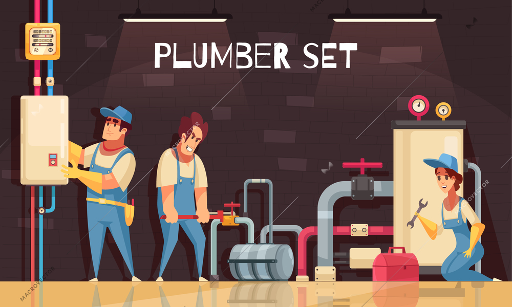Plumbers team fixing leakage in boiler room cartoon composition with tool kit box gas meter vector illustration