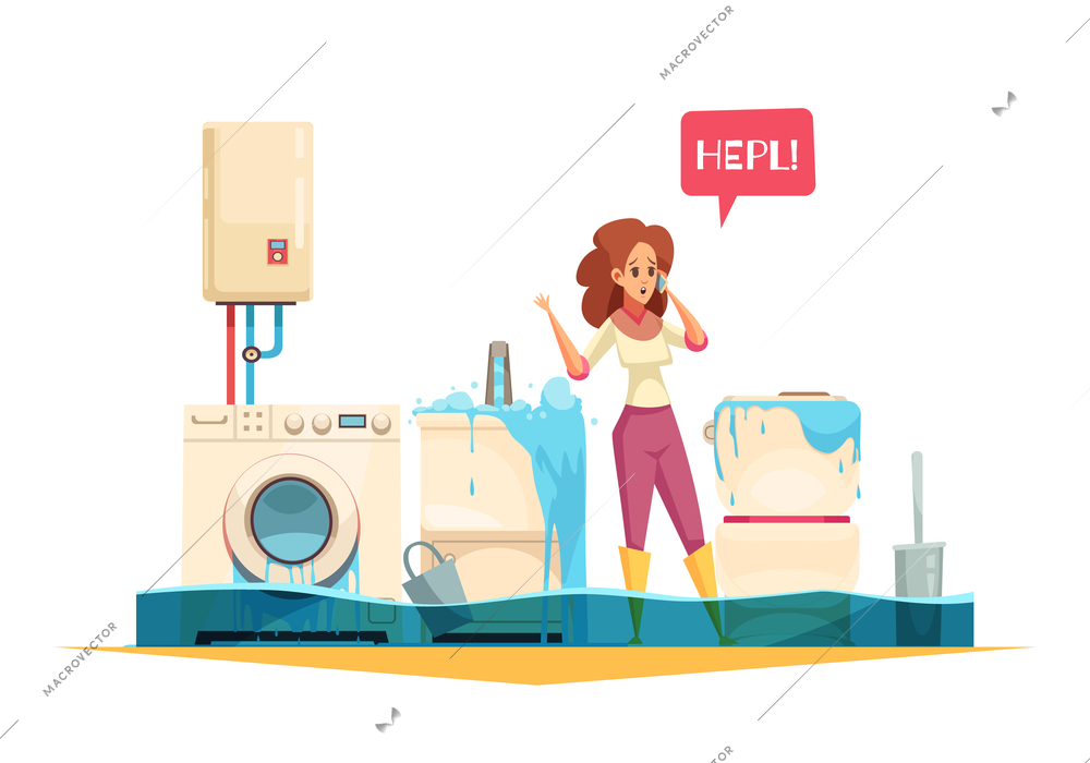 Washing machine flooding sink overflow pipe leaks emergency cartoon composition with woman calling plumber service vector illustration