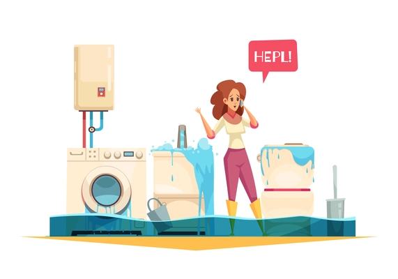 Washing machine flooding sink overflow pipe leaks emergency cartoon composition with woman calling plumber service vector illustration