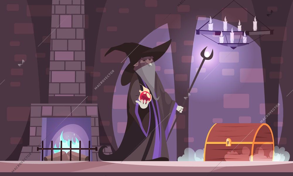 Evil magician in wicked witch hat with power ball treasure chest in dark castle chamber cartoon vector illustration