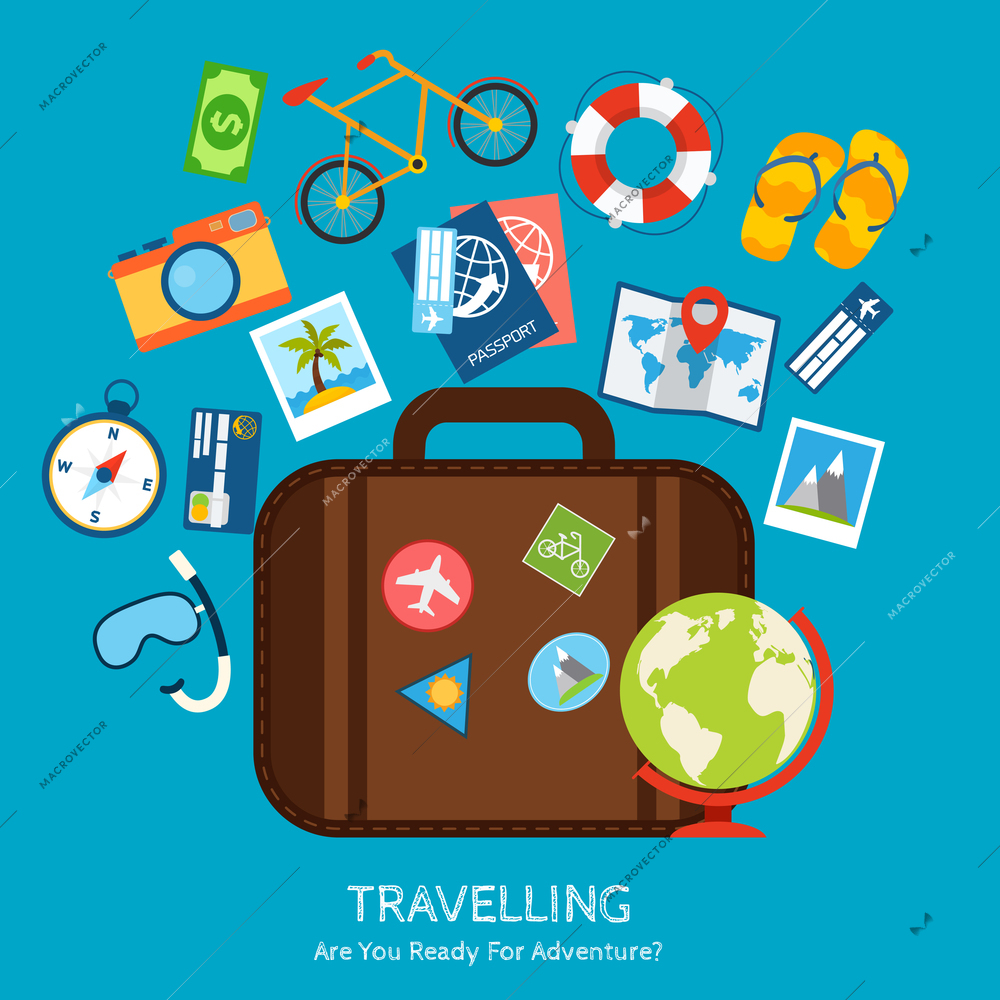 Travel holiday vacation adventure flat concept with suitcase and tourism icons vector illustration.