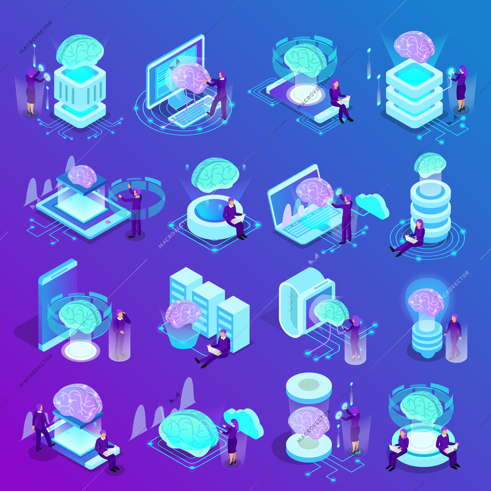 Artificial intelligence isometric icons set of glow brain smart watches cloud computing  machine programming vector illustration