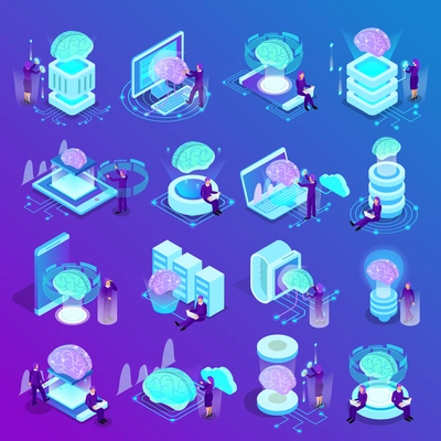 Artificial intelligence isometric icons set of glow brain smart watches cloud computing  machine programming vector illustration