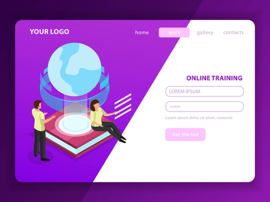 Online training landing page with male and female characters and glow globe icon as symbol of learning without geographical borders vector illustration