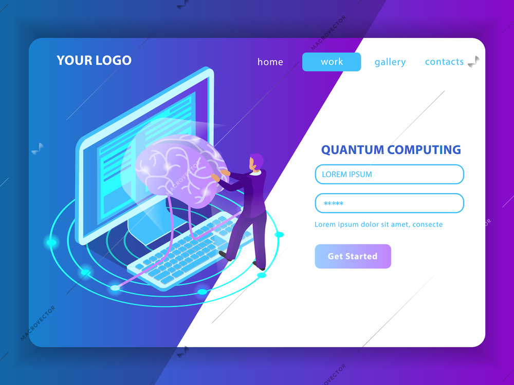 Landing page mockup for deep learning of information  in field of artificial intelligence and quantum computing isometric vector illustration