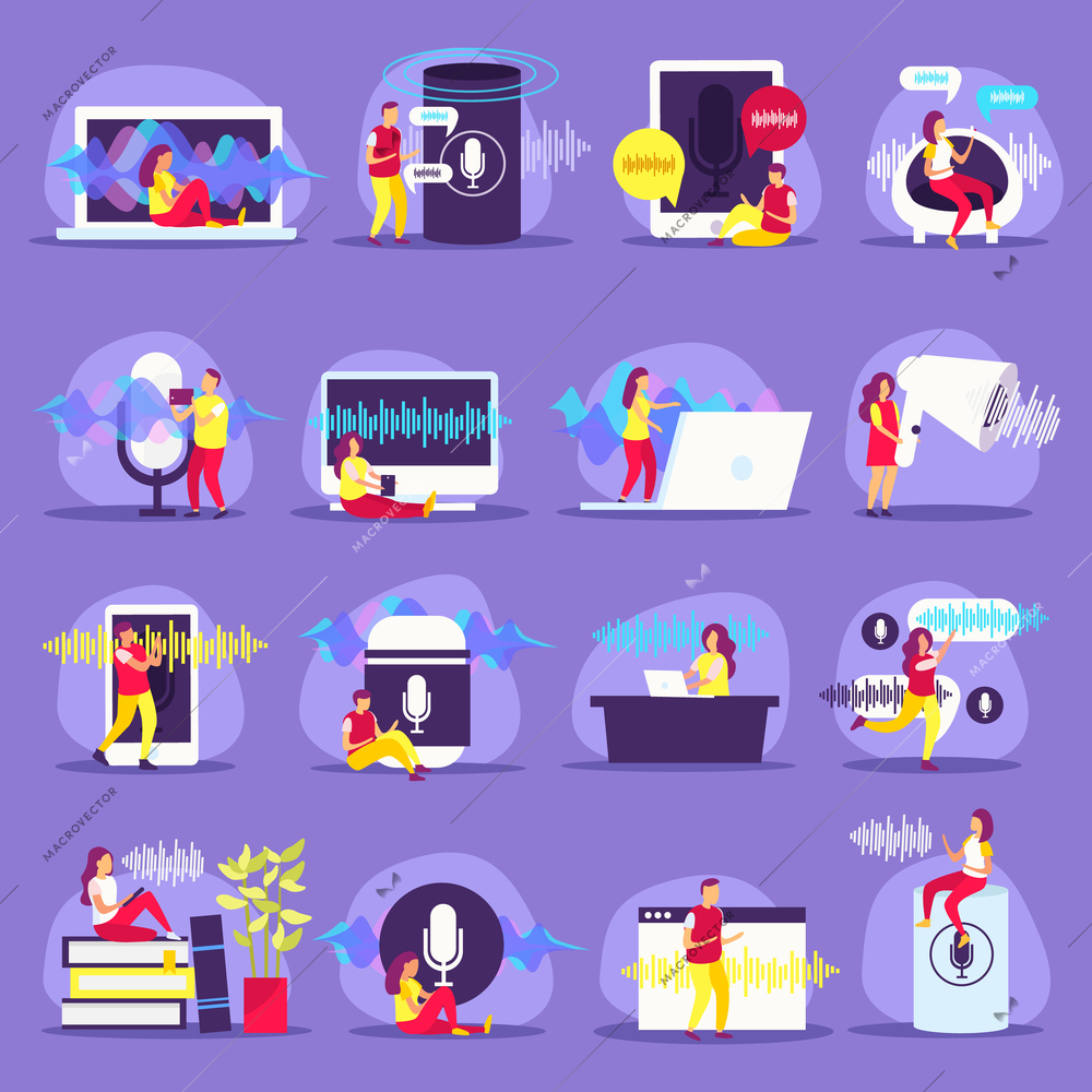 Voice functions flat icons with people using devices for web communication and management in smart home isolated vector illustration