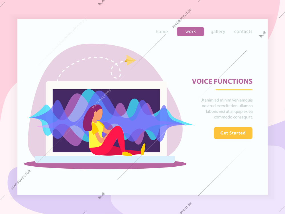 Landing page template with sound waves imitating voice communication using pc and wifi flat vector illustration