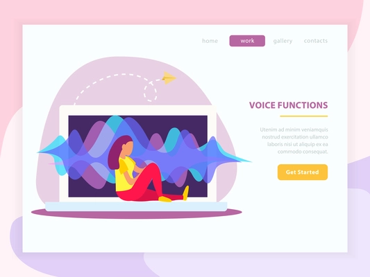 Landing page template with sound waves imitating voice communication using pc and wifi flat vector illustration