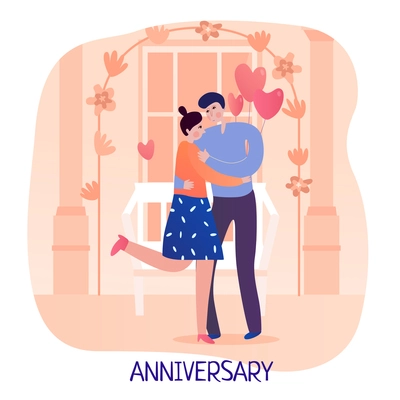 Valentine day couple man and woman during hug on background of festive decorations flat vector illustration