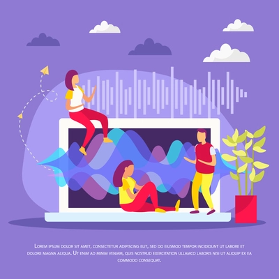 Voice functions flat composition with young people near laptop exchanging voice messages by internet technology vector illustration