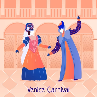 Man and woman in ancient costumes and masks during venice carnival on building background flat vector illustration