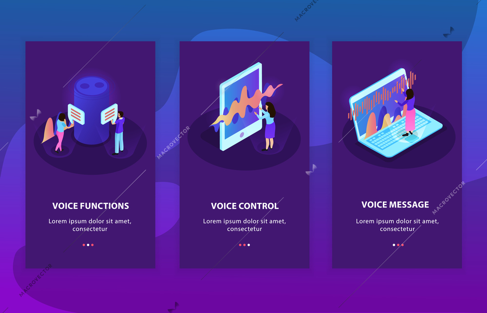 Vector illustration of three isometric advertising compositions representing devices with   voice control and  voice recognition functions