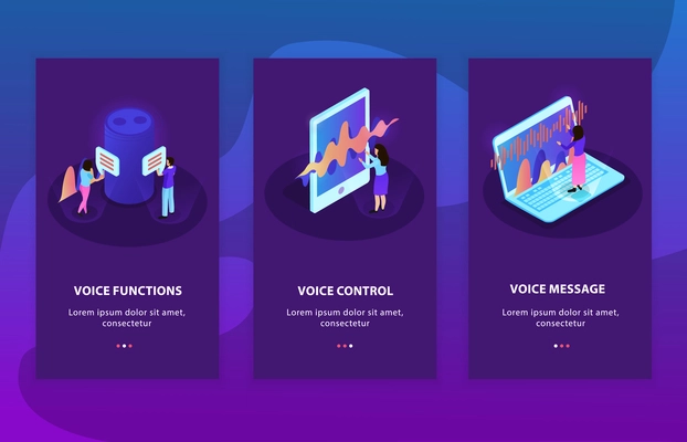 Vector illustration of three isometric advertising compositions representing devices with   voice control and  voice recognition functions