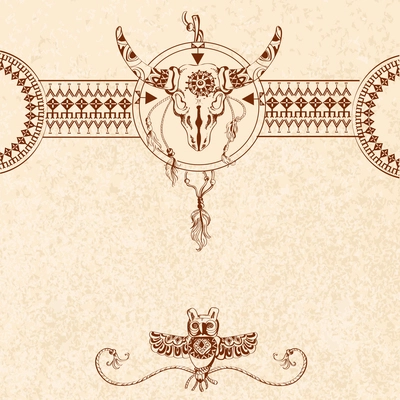 Tribal sketch background with bull skull and owl animal traditional totem vector illustration