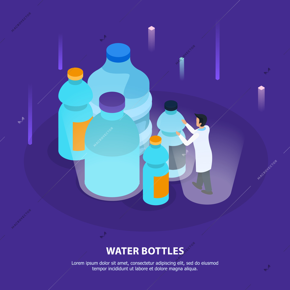 Water purification isometric background with small plastic bottles for retail sale and large containers for cooler vector illustration