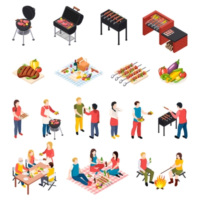 Iisometic bbq grill picnic icon set with peoples dining table picnic and grill equipment vector illustration