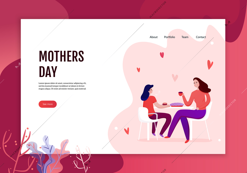 Mothers day concept of web banner with mom and daughter during eating of festive pie vector illustration