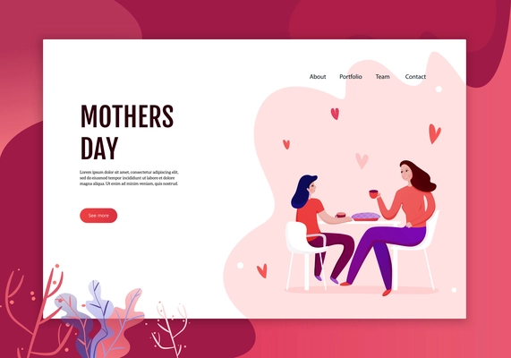 Mothers day concept of web banner with mom and daughter during eating of festive pie vector illustration