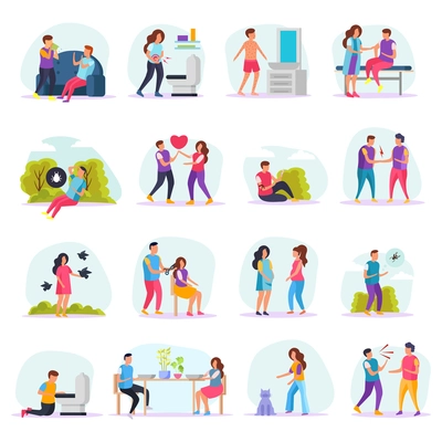 Diseases transmission ways flat icons set with people communicating with sick or insects or in barbershop vector illustration