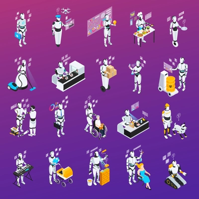 Isolated and isometric robot professions icon set police and home assistant chef baby sitter vector illustration