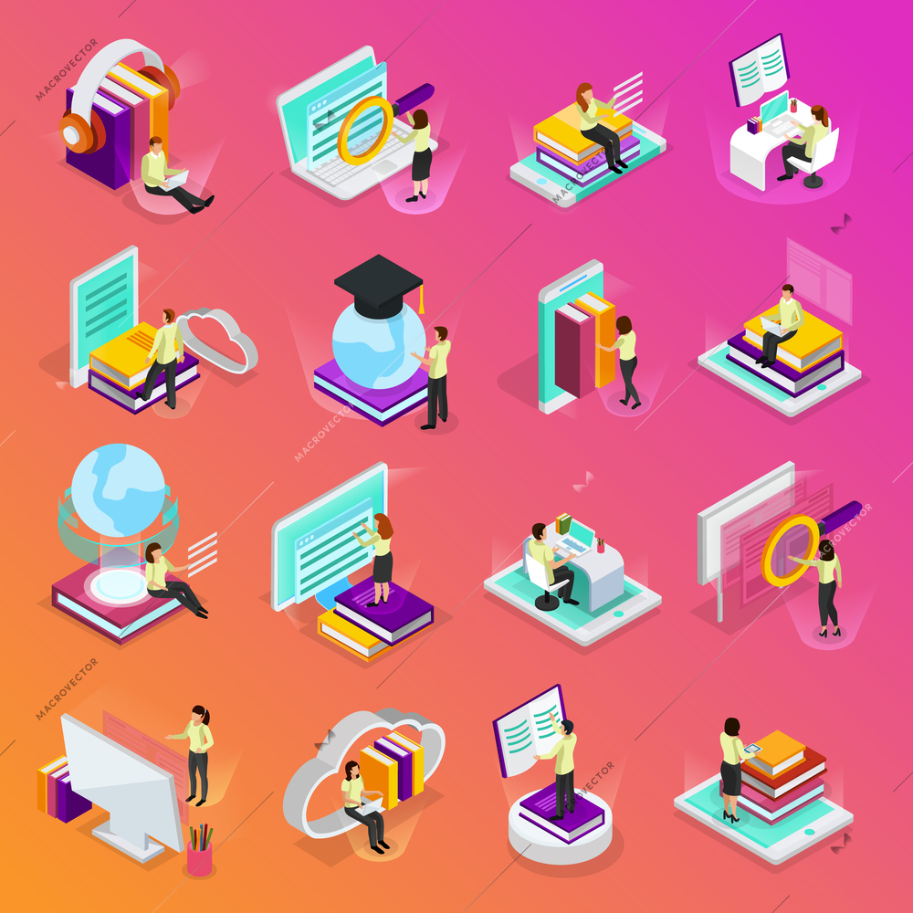 Online learning isometric glow icons set of tutorials for distance education audio books online courses isolated vector illustration