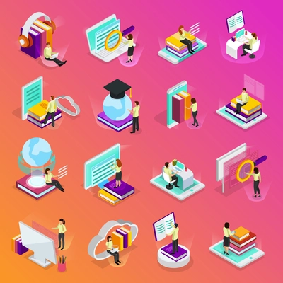 Online learning isometric glow icons set of tutorials for distance education audio books online courses isolated vector illustration