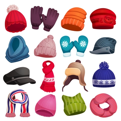 Seasonal winter scarf hats caps gloves mittens set with sixteen isolated colourful images on blank background vector illustration