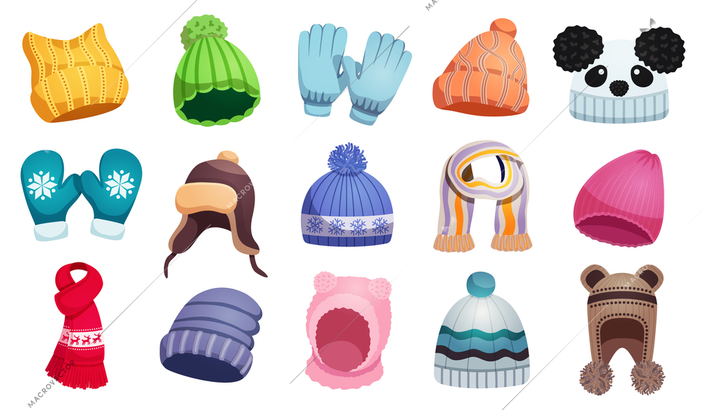 Seasonal winter scarf hats kids set with fifteen isolated images of children wear on blank background vector illustration