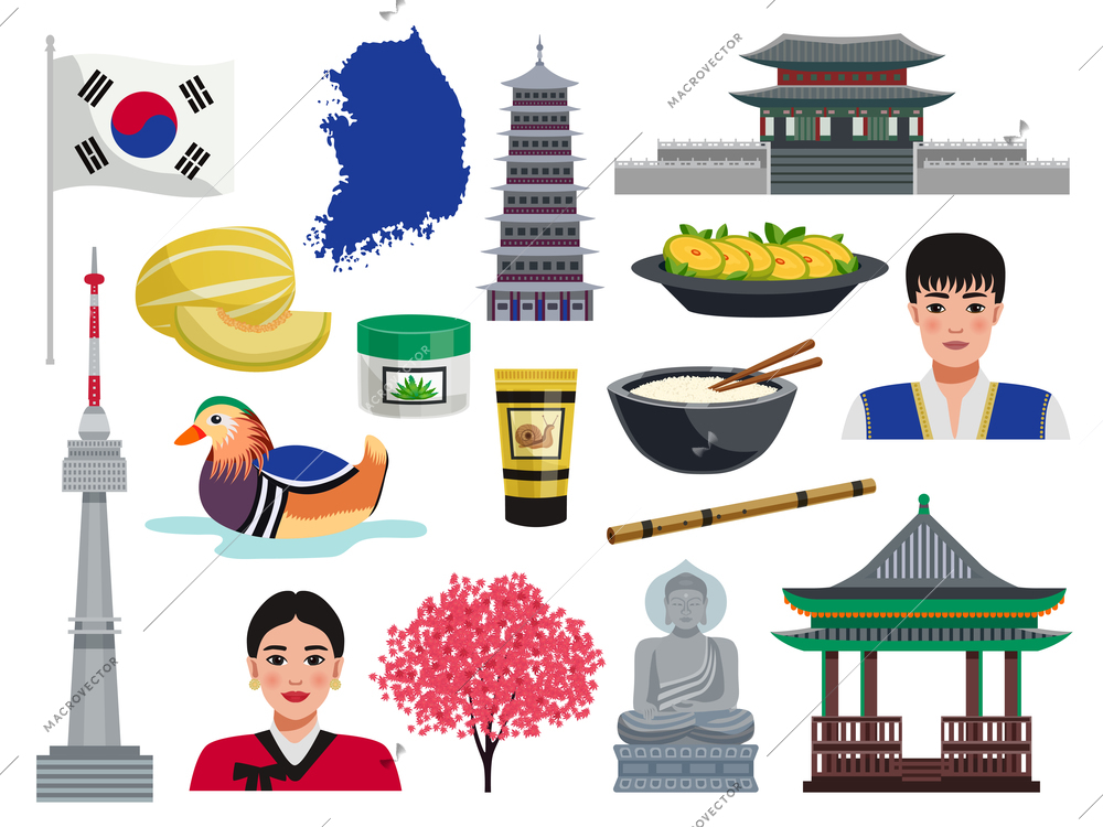 South korea tourism travel set with isolated icons of national symbols cultural values food and people vector illustration