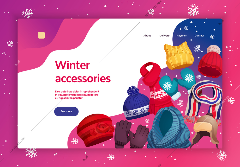 Seasonal winter scarf hats concept banner website design with images and clickable links with editable text vector illustration