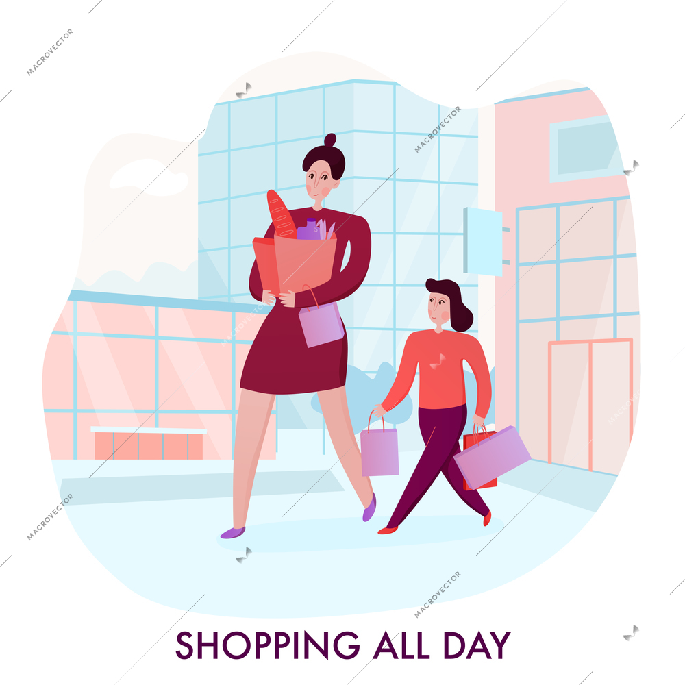 Mother and daughter with purchases during going shopping on city buildings background flat vector illustration