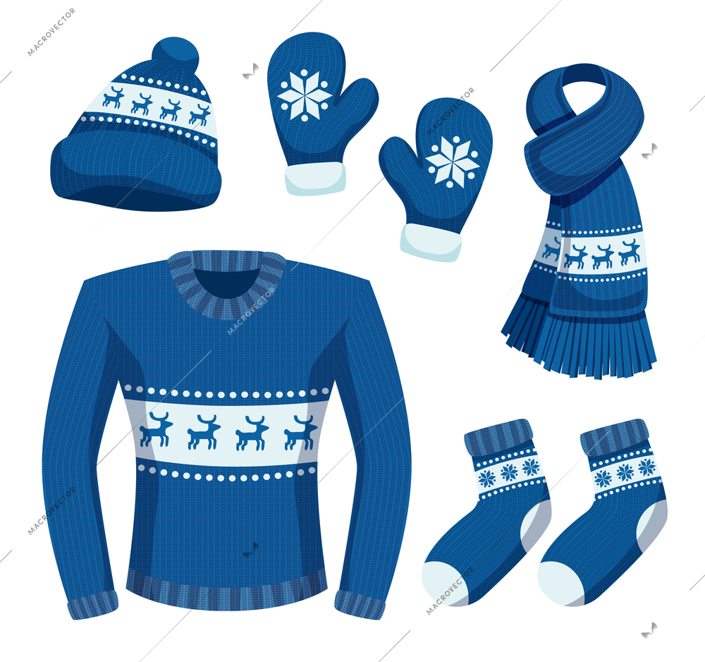 Seasonal winter clothes set with isolated images of stylish warm clothing items with snowflakes and deers vector illustration