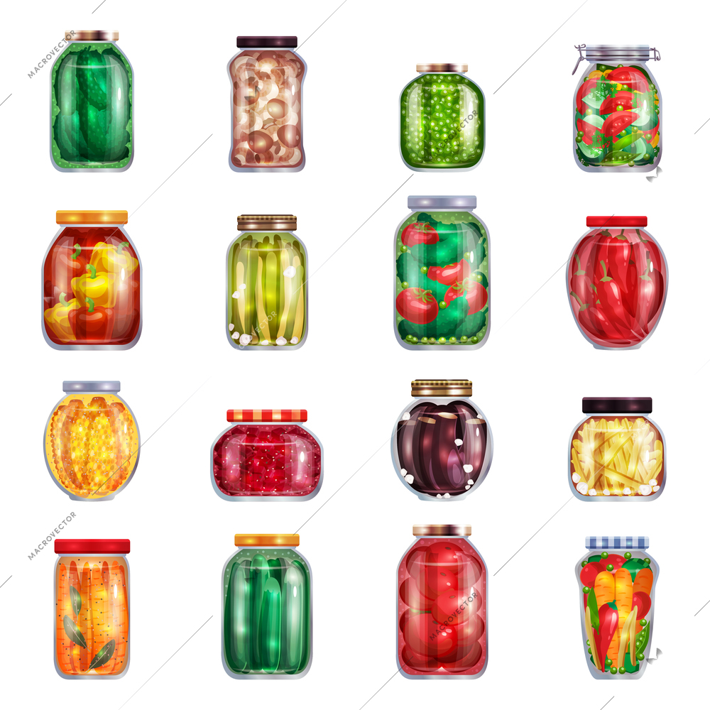 Pickles set of sixteen isolated mason jars filled with marinated fruits and vegetables on blank background vector illustration