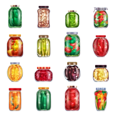 Pickles set of sixteen isolated mason jars filled with marinated fruits and vegetables on blank background vector illustration
