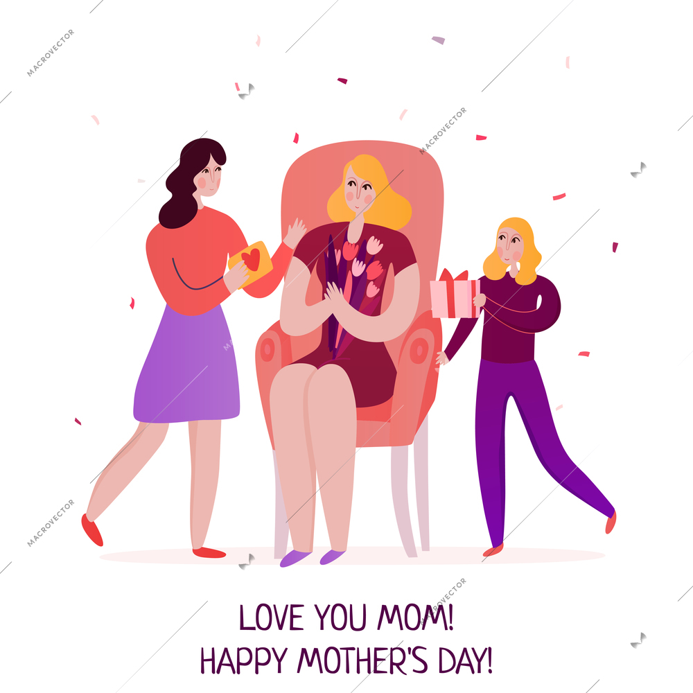 Mothers day mom with flowers in chair and daughters with gifts on white background flat vector illustration