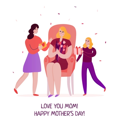 Mothers day mom with flowers in chair and daughters with gifts on white background flat vector illustration