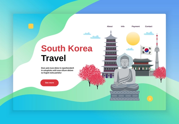 South korea tourism concept banner website page design with clickable button links and colourful flat images vector illustration