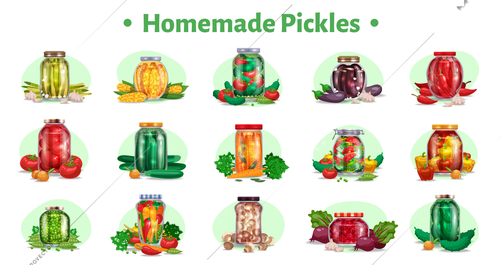 Pickles horizontal set of fifteen isolated images with marinated vegetables in glass jars with ripe fruits vector illustration