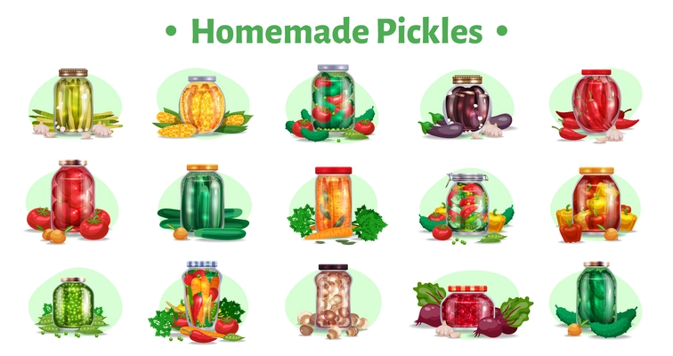 Pickles horizontal set of fifteen isolated images with marinated vegetables in glass jars with ripe fruits vector illustration