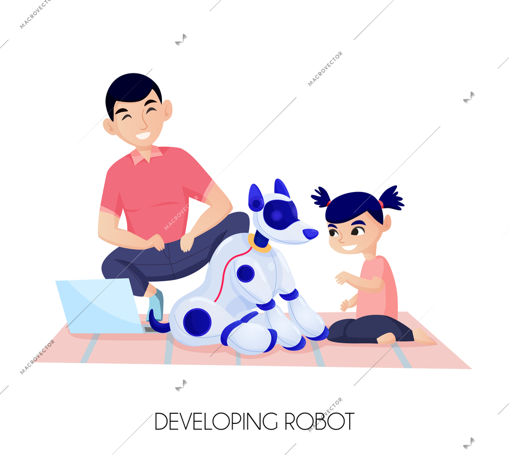 Artificial intelligence for child development little girl during communication with robot dog on white background vector illustration