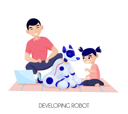 Artificial intelligence for child development little girl during communication with robot dog on white background vector illustration