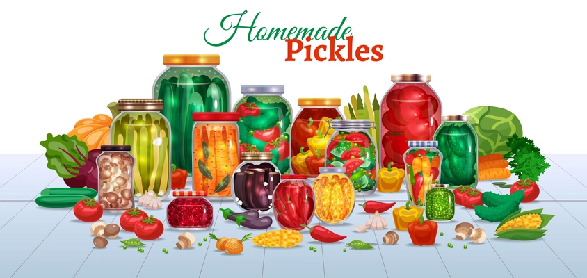 Pickles horizontal composition with lots of glass jars with vegetables text and pieces of ripe fruits vector illustration