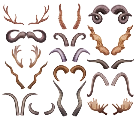 Horns set with isolated colourful horning paired images of different shape and colour on blank background vector illustration