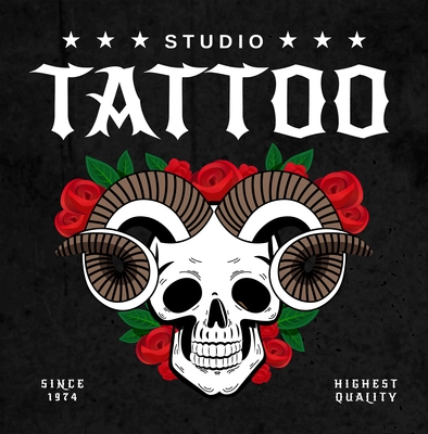 Horns tattoo salon design poster with horned skull and roses sketch on black background with text vector illustration